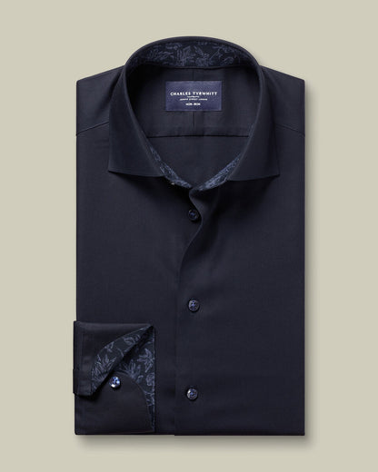 Semi-Cutaway Collar Non-Iron Stretch Floral Printed Trim Slim Fit Shirt - Navy Blue