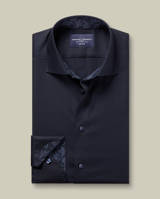 Semi-Cutaway Collar Non-Iron Stretch Floral Printed Trim Slim Fit Shirt - Navy Blue