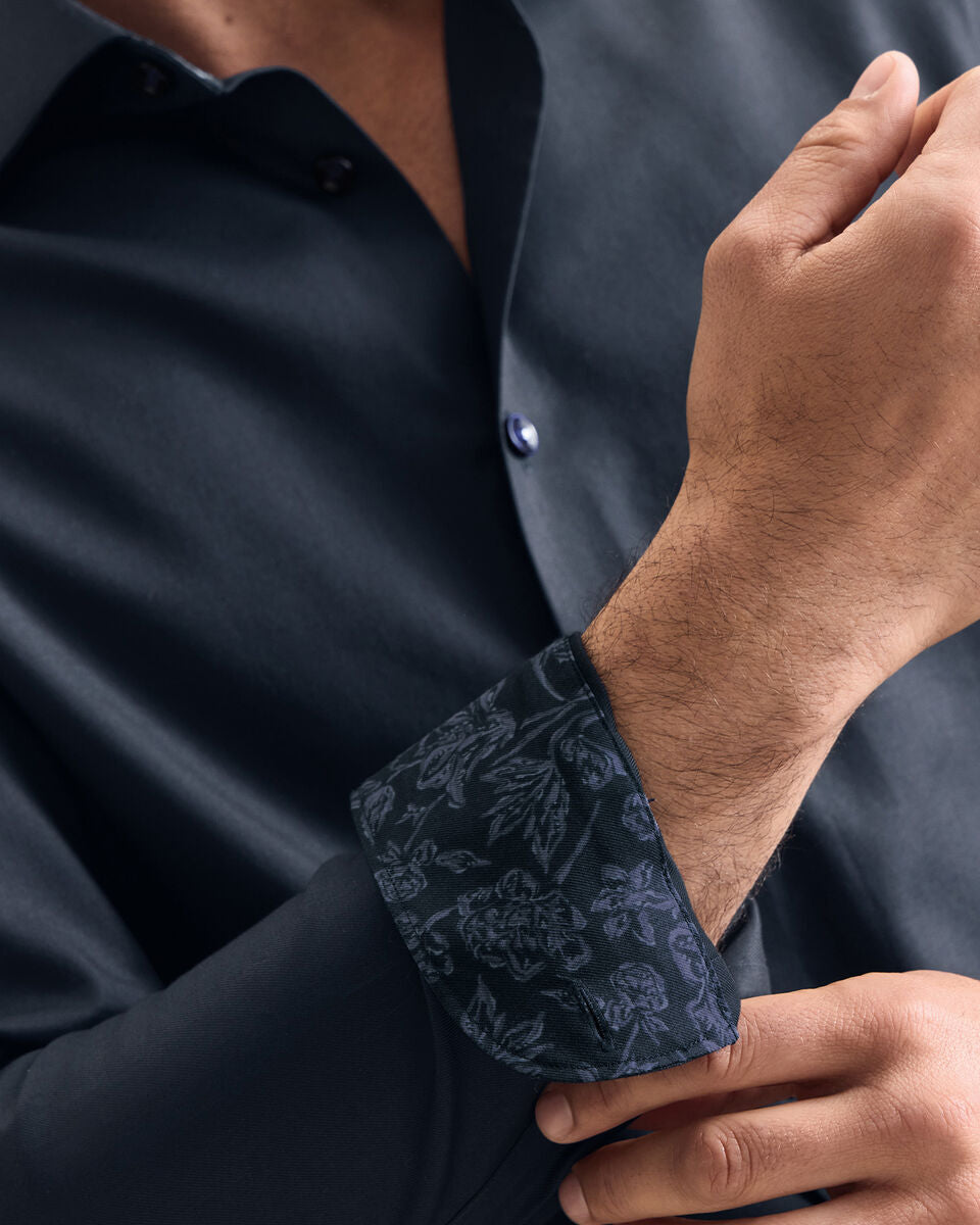 Semi-Cutaway Collar Non-Iron Stretch Floral Printed Trim Slim Fit Shirt - Navy Blue