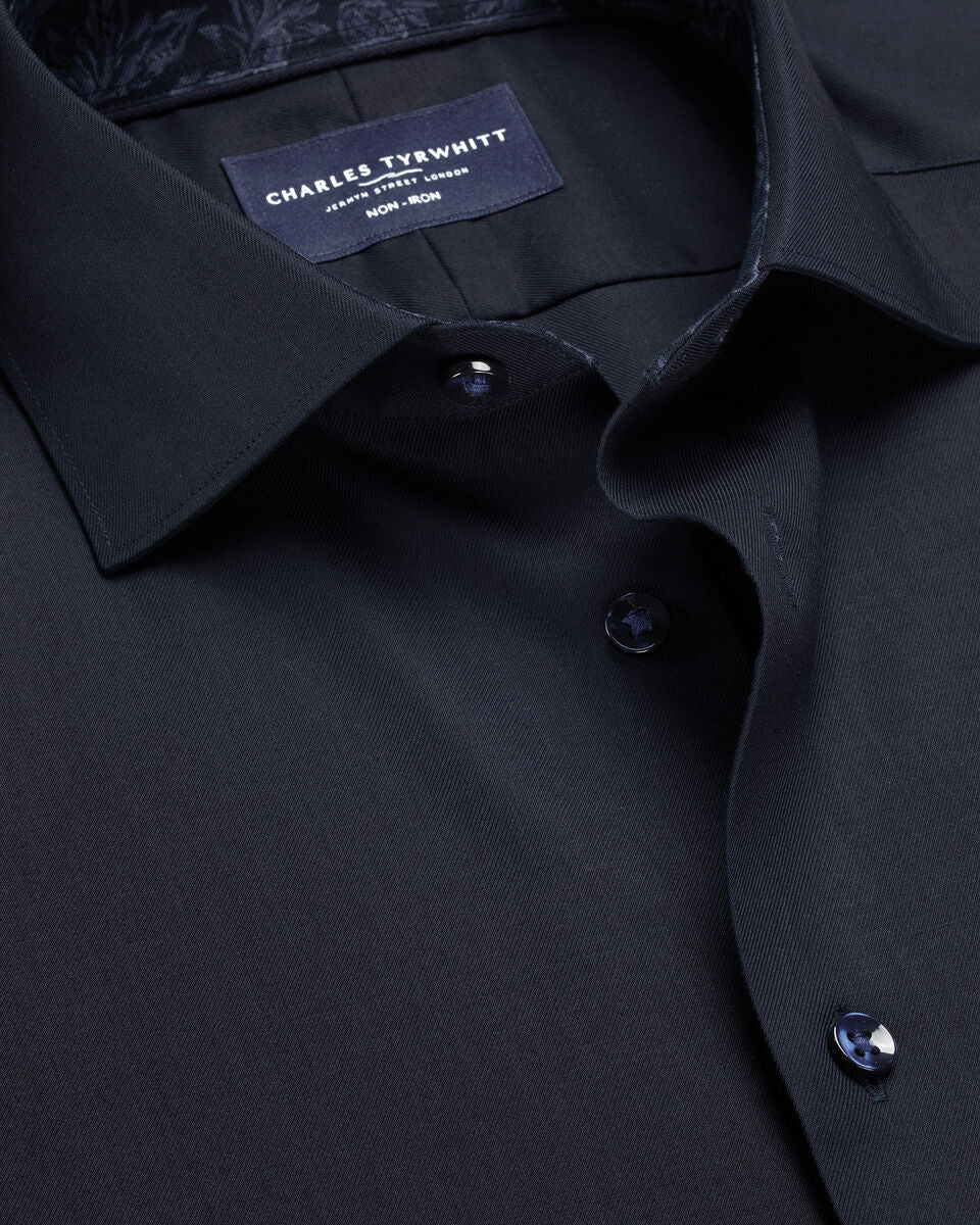 Semi-Cutaway Collar Non-Iron Stretch Floral Printed Trim Slim Fit Shirt - Navy Blue