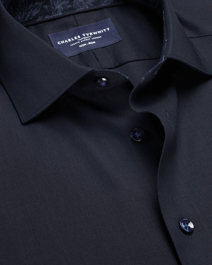Semi-Cutaway Collar Non-Iron Stretch Floral Printed Trim Slim Fit Shirt - Navy Blue