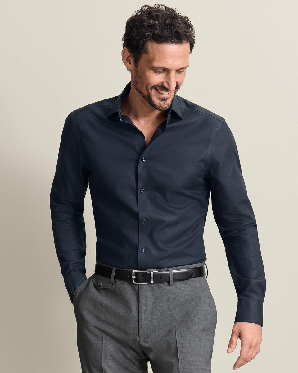 Semi-Cutaway Collar Non-Iron Stretch Floral Printed Trim Slim Fit Shirt - Navy Blue