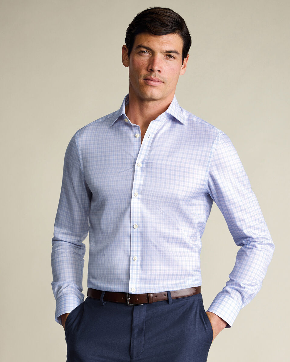 Cutaway Collar Egyptian Cotton Check Slim Fit Shirt - Lilac and Blue