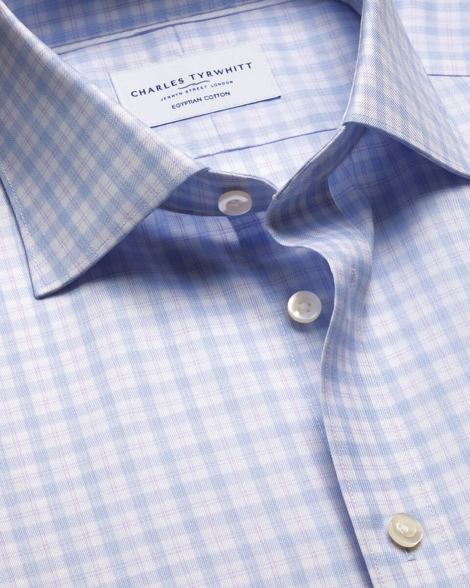 Cutaway Collar Egyptian Cotton Check Slim Fit Shirt - Lilac and Blue