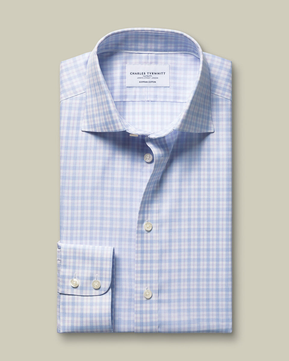 Cutaway Collar Egyptian Cotton Check Slim Fit Shirt - Lilac and Blue