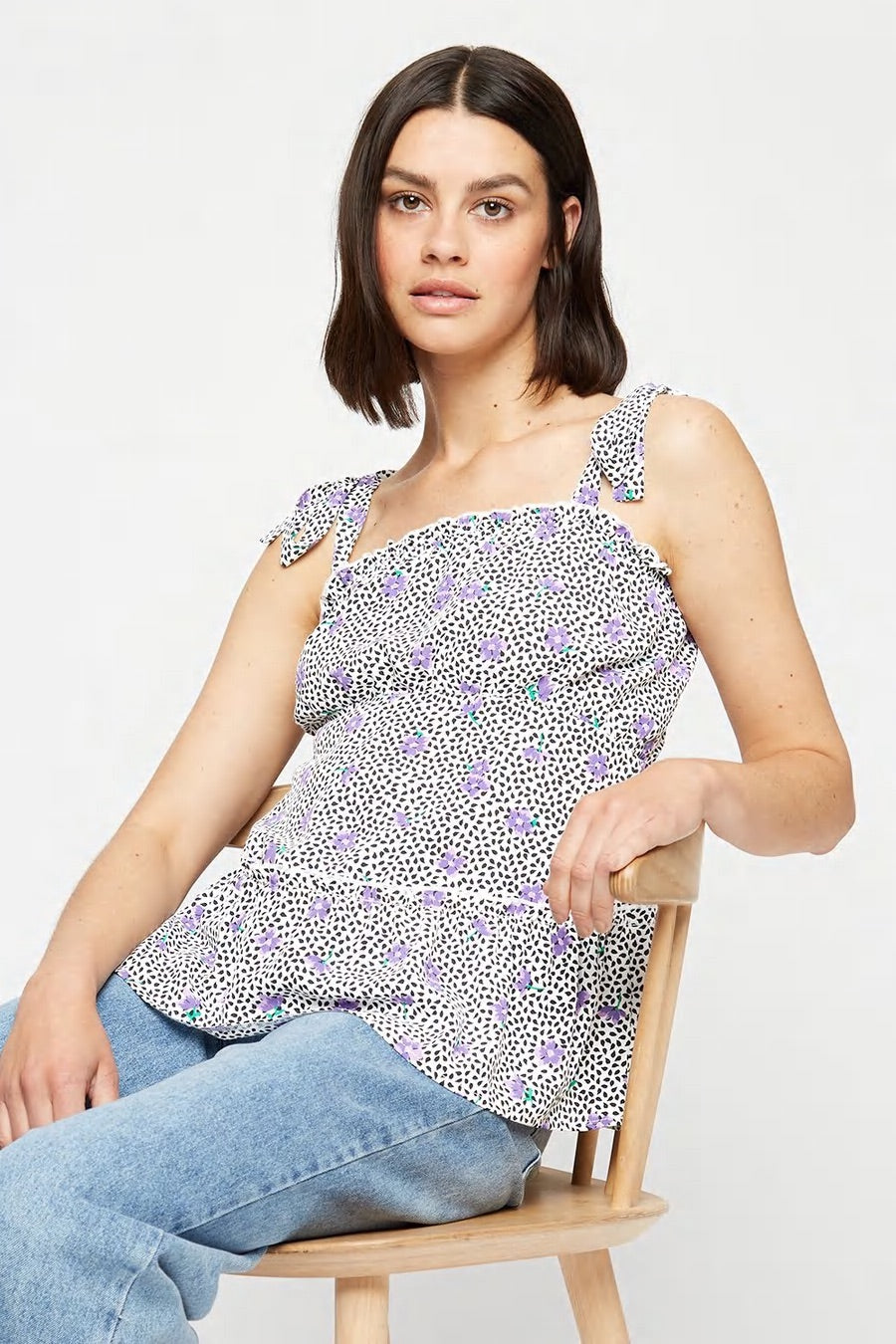 Purple Floral Tie Shoulder Cami Top