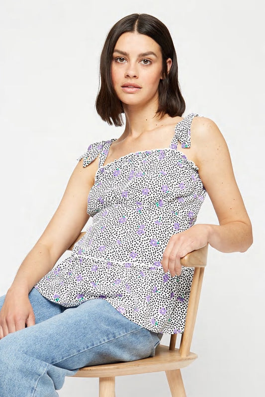 Purple Floral Tie Shoulder Cami Top