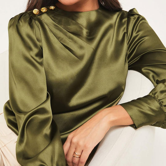 Green Satin Gold Button Shoulder Blouse