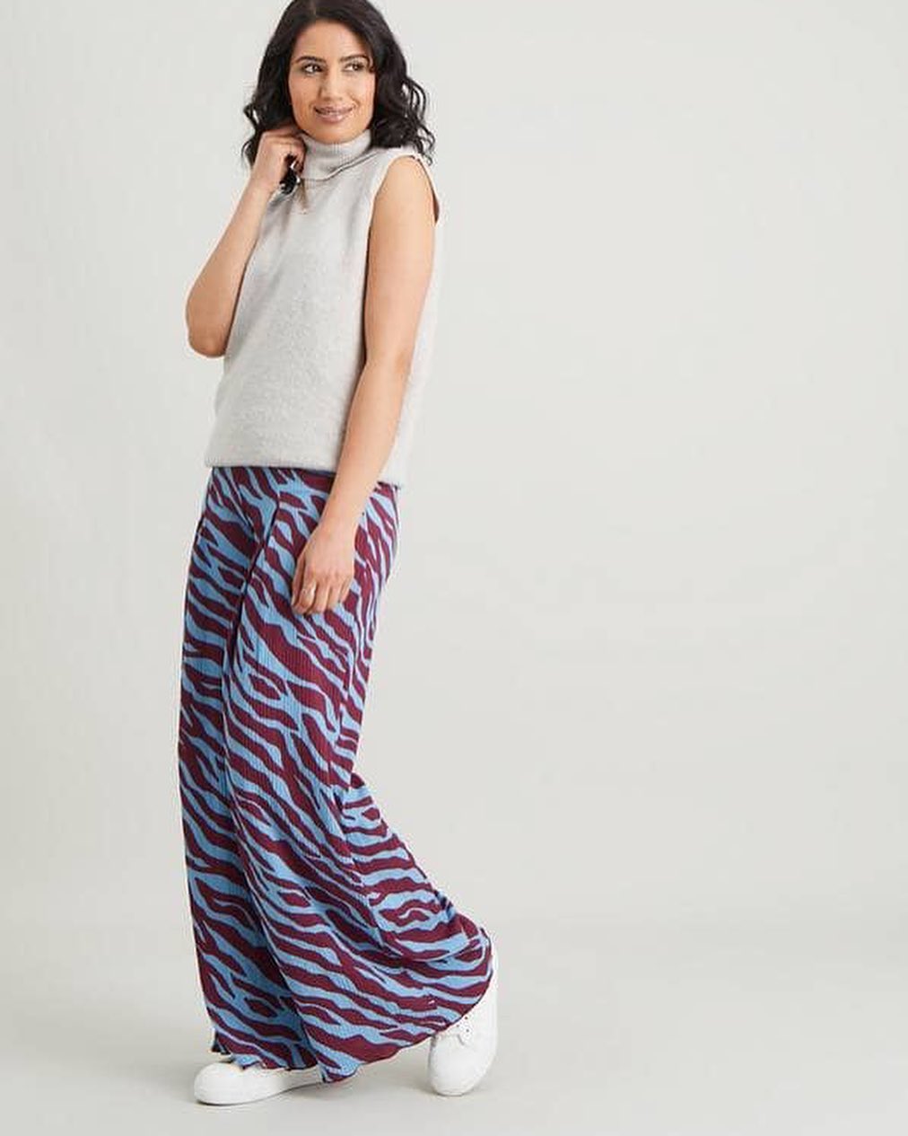 Teal Zebra Print Crinkle Wide Leg Trousers