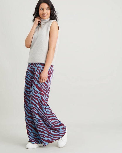 Teal Zebra Print Crinkle Wide Leg Trousers