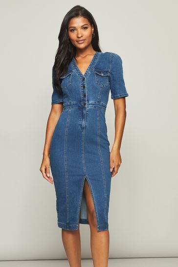 Blue Petite Half Placket Denim Midi Dress