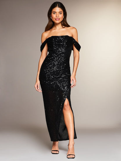 Sequin Bardot Bodycon Maxi Dress Black