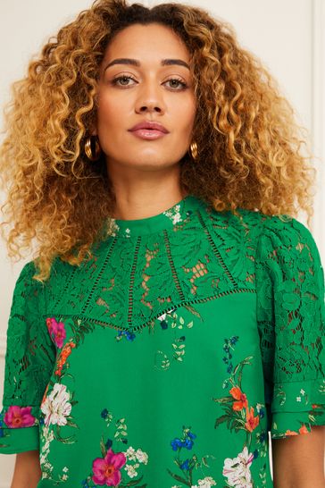 Lace Mix Yoke High Neck Ruffle Sleeve Top Green