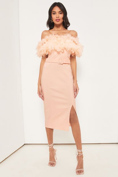 Premium Feather Belted Bardot Dress