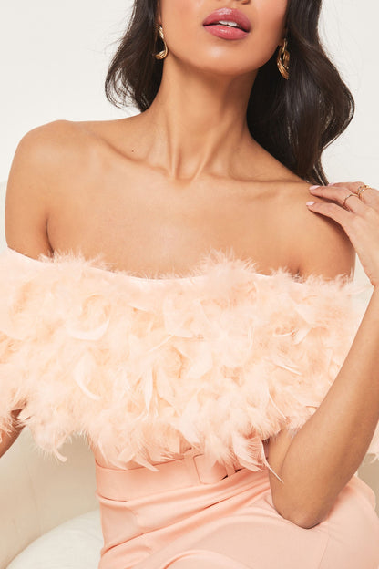 Premium Feather Belted Bardot Dress