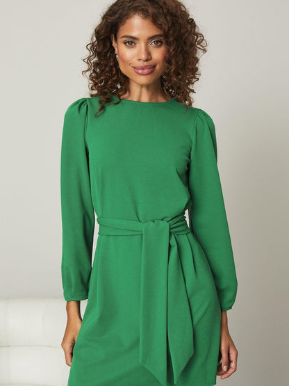 Green Long Sleeve Round Neck Tie Waist Shift Dress