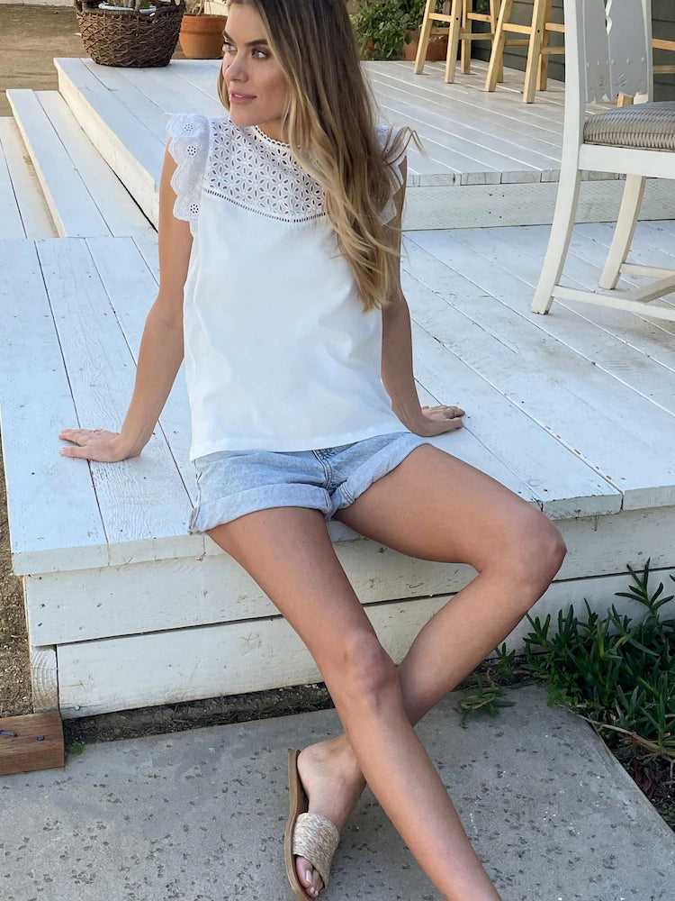 White Broderie Yoke Ruffle Shell Top