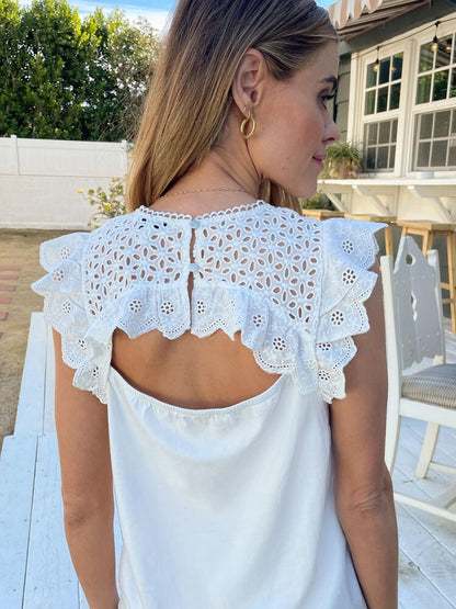 White Broderie Yoke Ruffle Shell Top