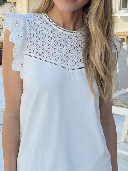 White Broderie Yoke Ruffle Shell Top
