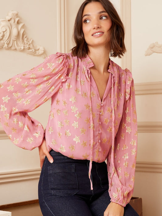 Pink Star Metallic Ruffle Sheer Tie Neck Long Sleeve Blouse