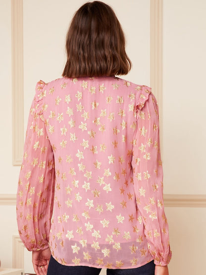 Pink Star Metallic Ruffle Sheer Tie Neck Long Sleeve Blouse