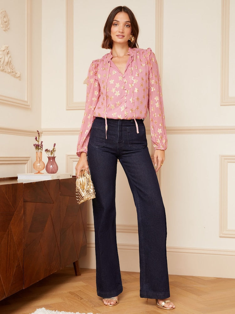 Pink Star Metallic Ruffle Sheer Tie Neck Long Sleeve Blouse