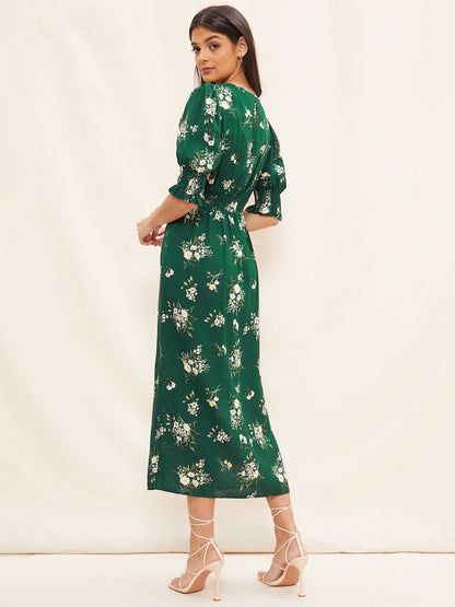 Green Puff Sleeve Split Midi Dress