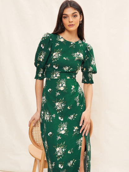 Green Puff Sleeve Split Midi Dress