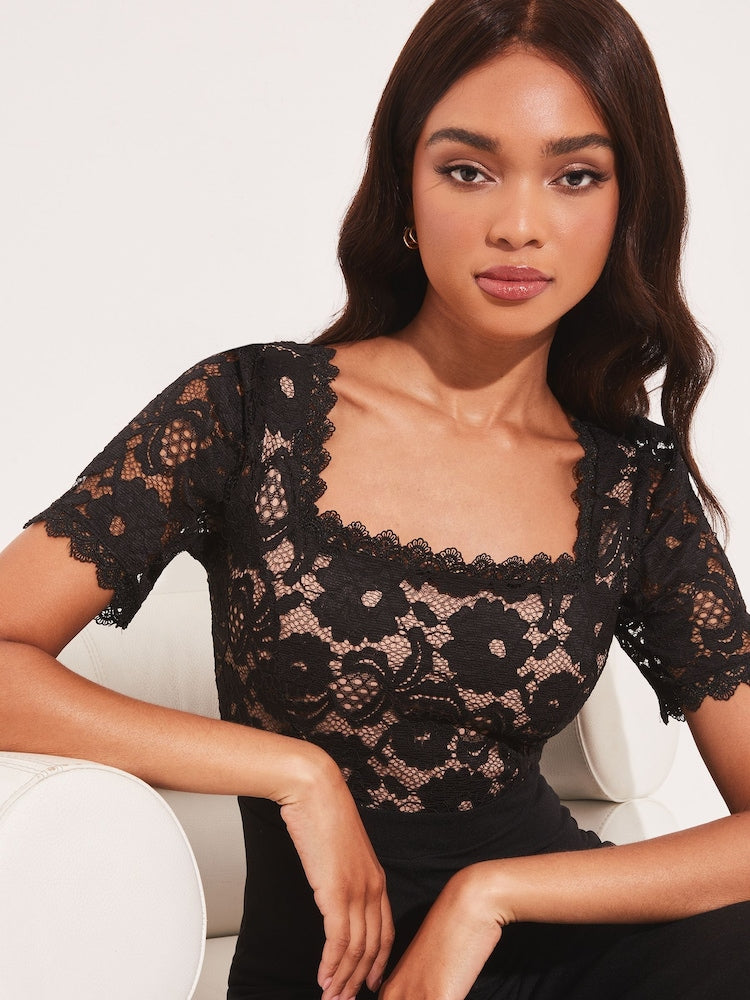 Black Lace Square Neck Summer Wide Leg Jumpsuit
