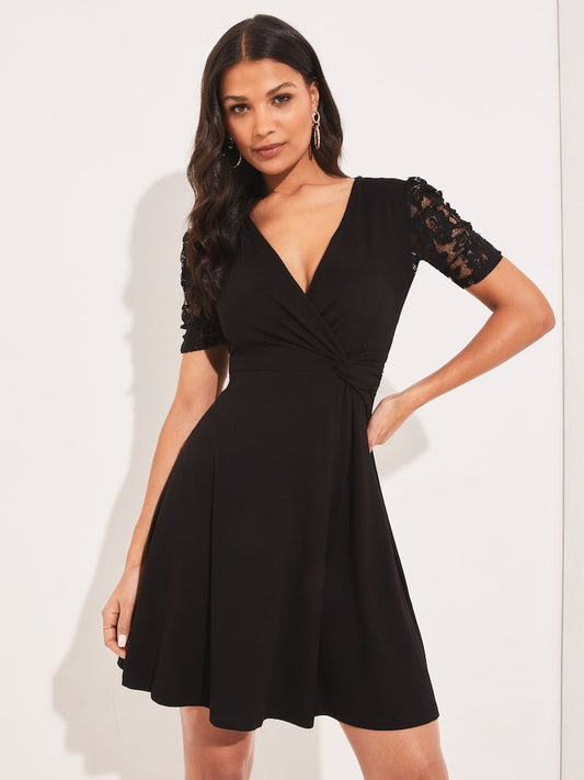 Black Lace Petite Jersey Knot Front Mini Skater Dress