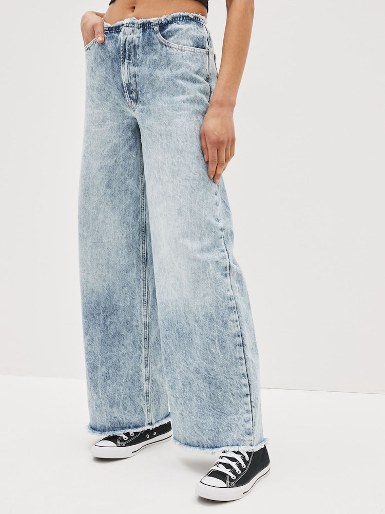 Blue Acid Wash Low Rise Wide Leg Loose Jeans