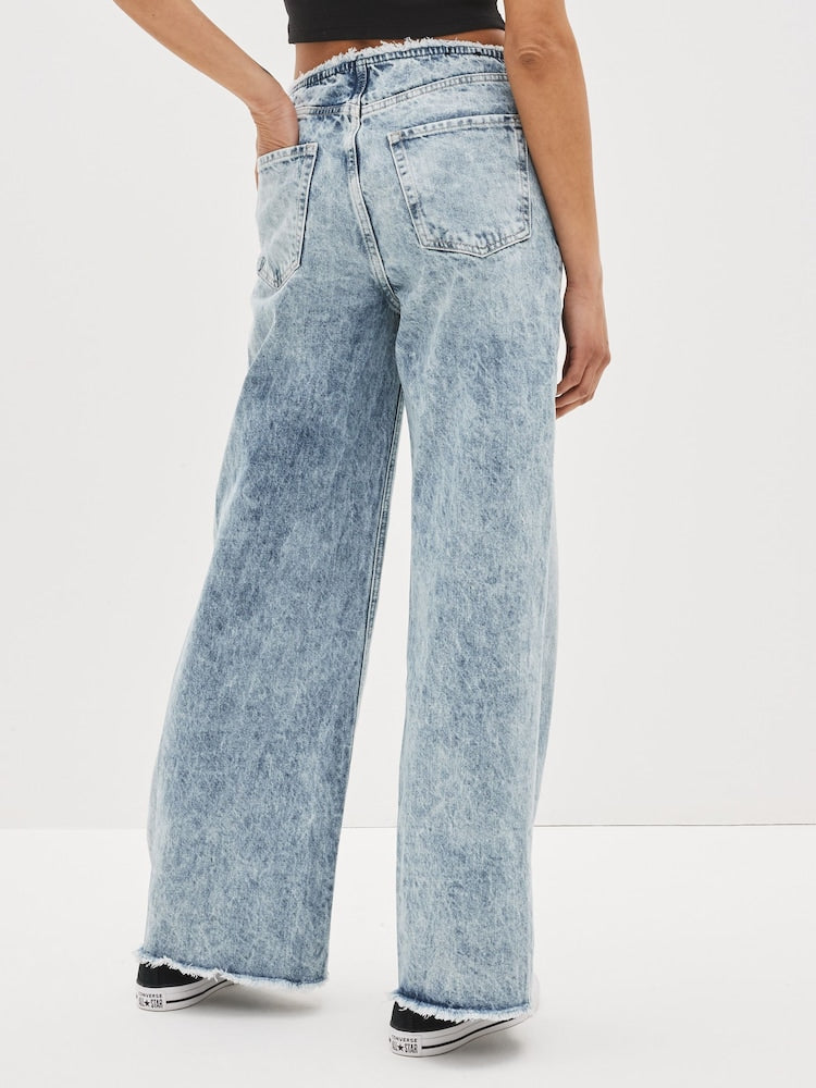 Blue Acid Wash Low Rise Wide Leg Loose Jeans