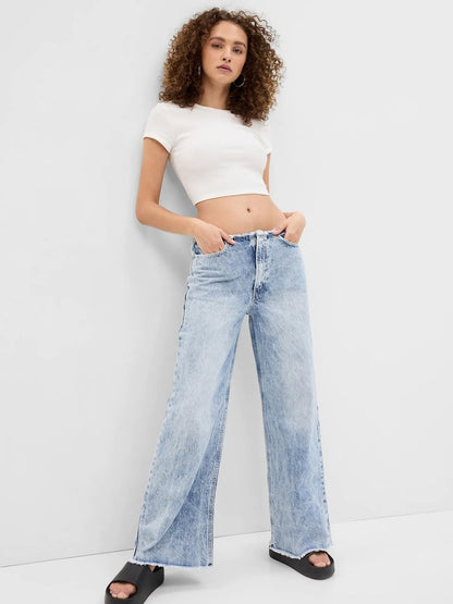 Blue Acid Wash Low Rise Wide Leg Loose Jeans