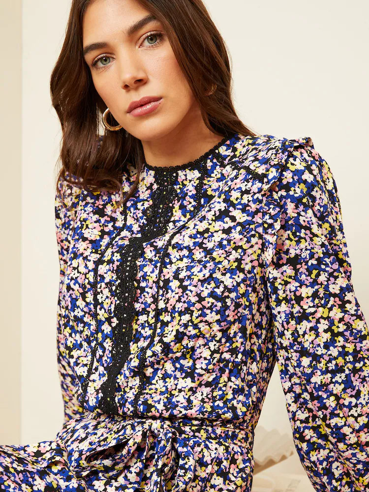 Ditsy Printed Pintuck Lace Detail Belted Mini Dress