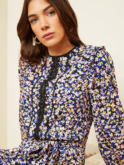 Ditsy Printed Pintuck Lace Detail Belted Mini Dress
