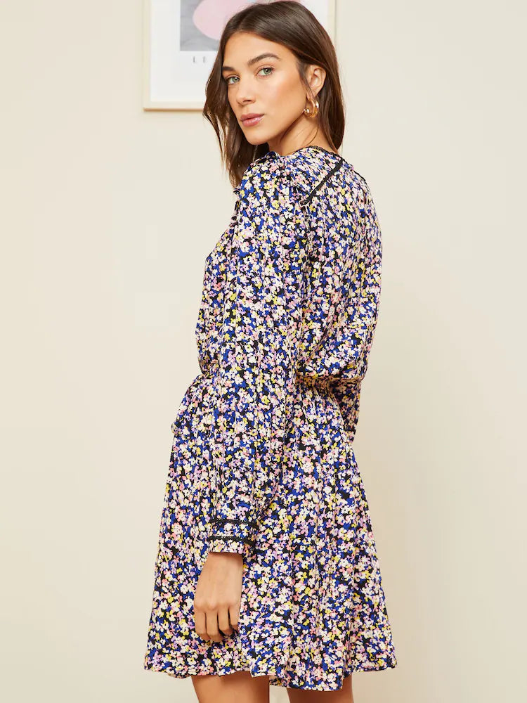 Ditsy Printed Pintuck Lace Detail Belted Mini Dress