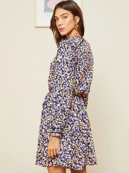 Ditsy Printed Pintuck Lace Detail Belted Mini Dress