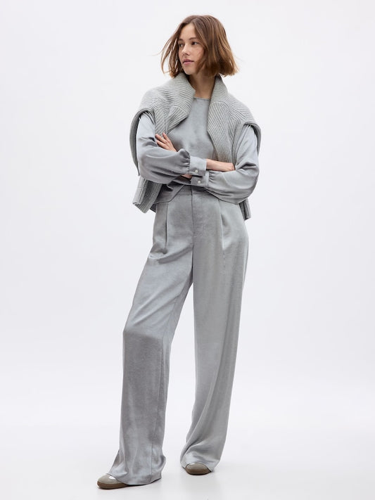 Grey High Waisted Pleated Satin Wide Leg Trousers
