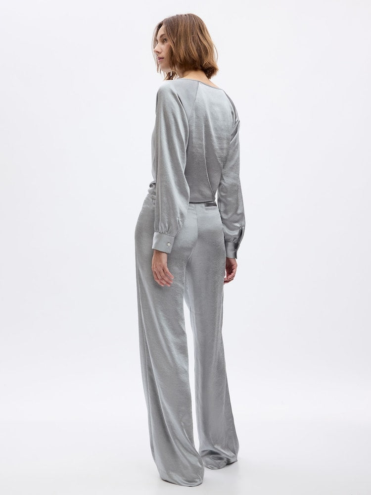 Grey High Waisted Pleated Satin Wide Leg Trousers