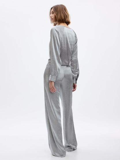 Grey High Waisted Pleated Satin Wide Leg Trousers
