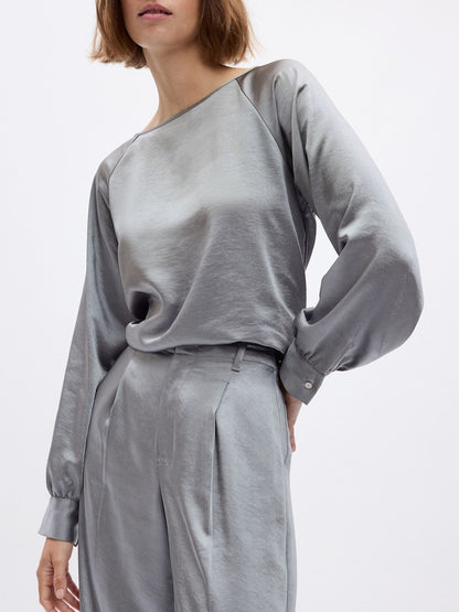 Grey High Waisted Pleated Satin Wide Leg Trousers
