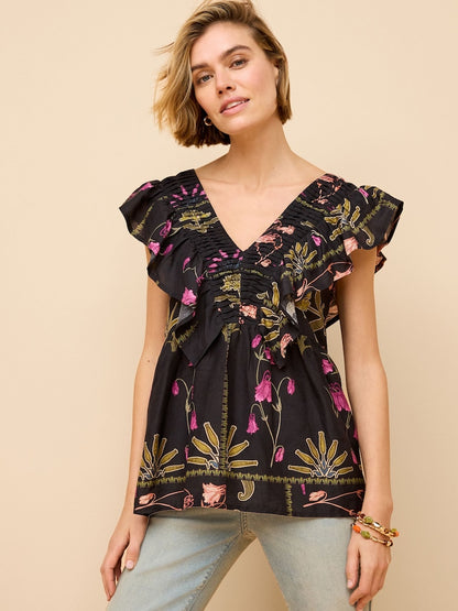 Black Floral Print Sleeveless Ruffle V-Neck Top