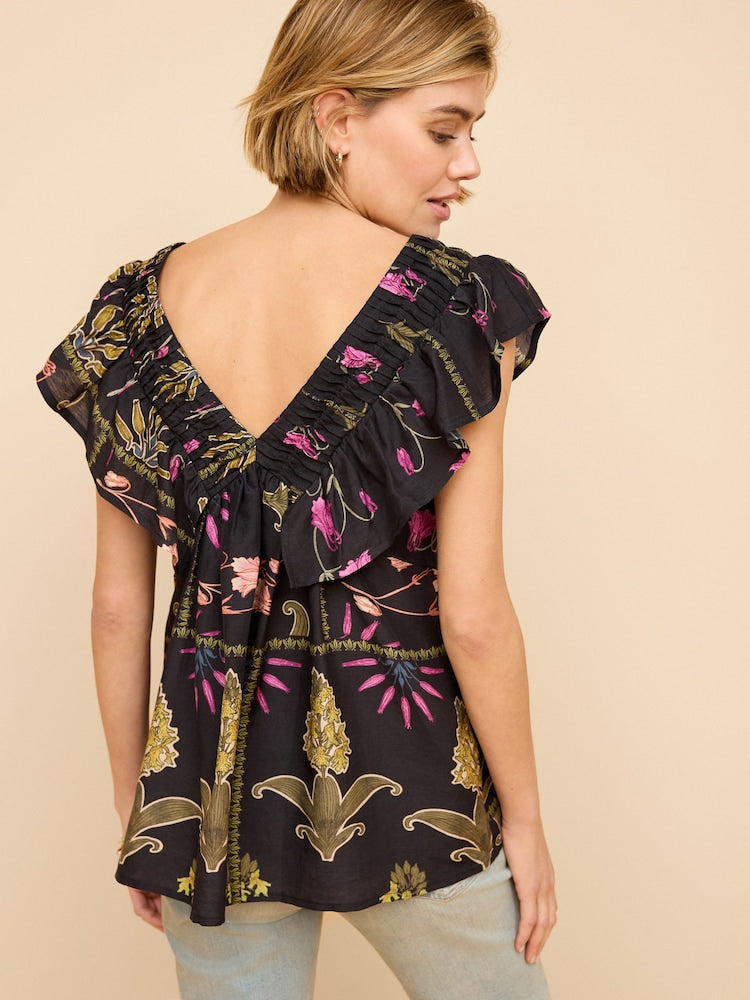 Black Floral Print Sleeveless Ruffle V-Neck Top