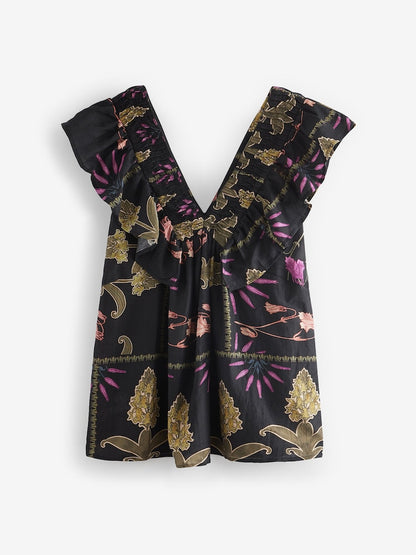 Black Floral Print Sleeveless Ruffle V-Neck Top