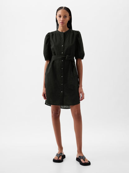 Black Linen Blend Short  Puff Sleeve Mini Dress