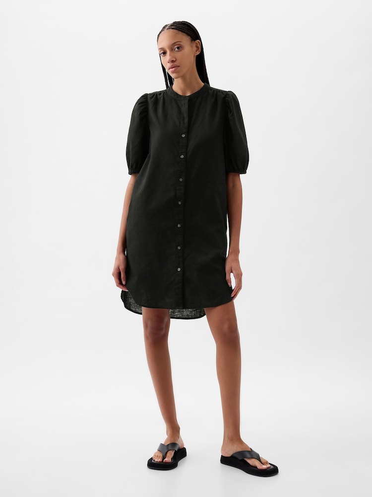 Black Linen Blend Short  Puff Sleeve Mini Dress