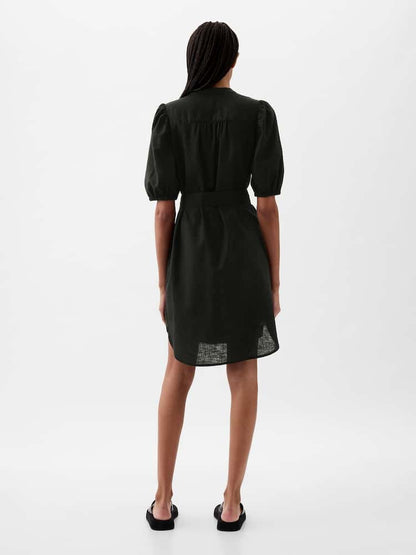 Black Linen Blend Short  Puff Sleeve Mini Dress