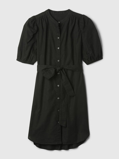 Black Linen Blend Short  Puff Sleeve Mini Dress
