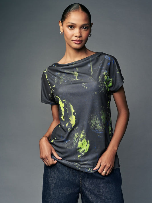Navy Print Short Sleeve Cowl Neck Top
