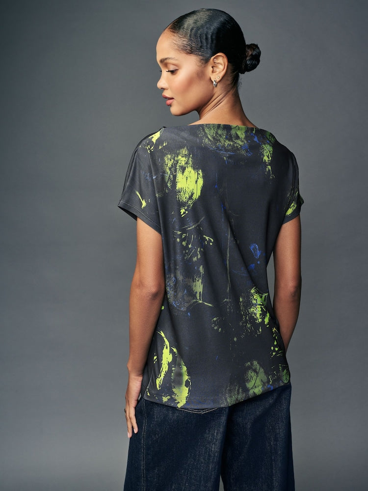 Navy Print Short Sleeve Cowl Neck Top